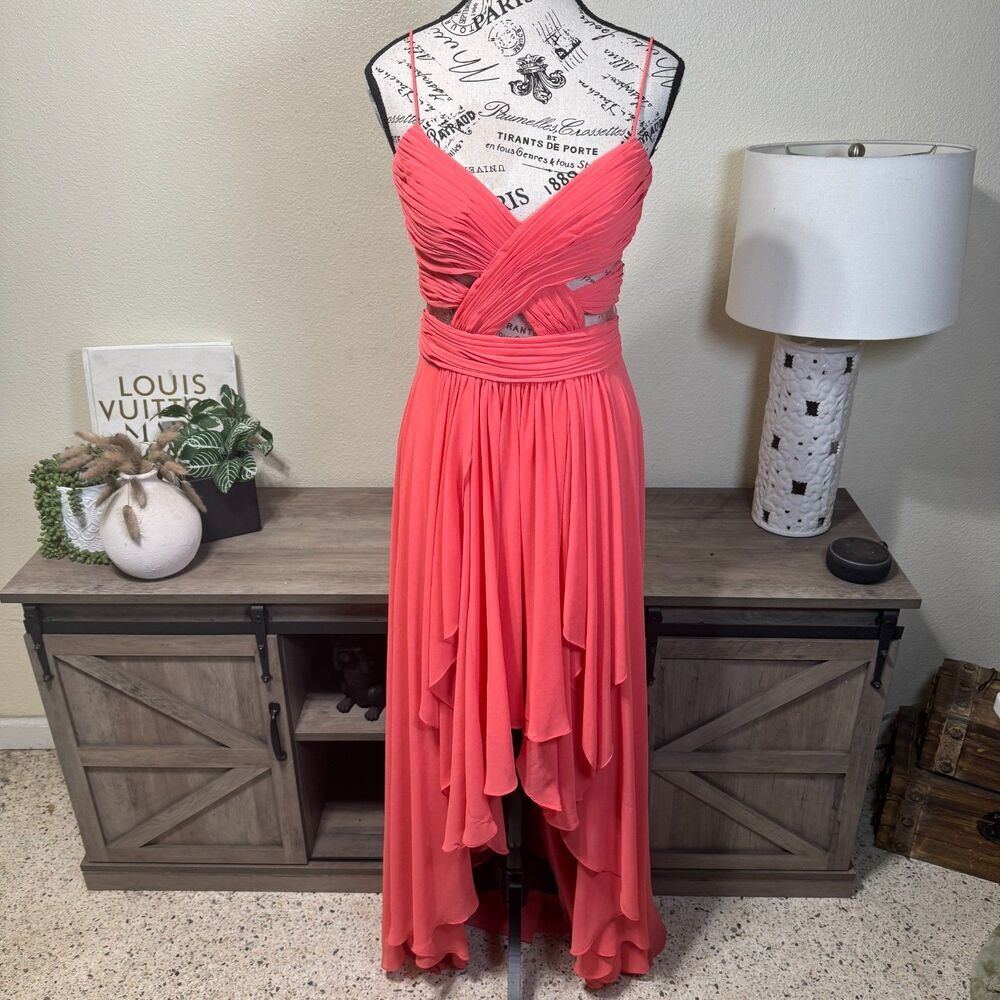 VTG Cache Dress Coral Pink Evening Formal Chiffon Hi-Low Maxi Dress Sz 8 Y2k